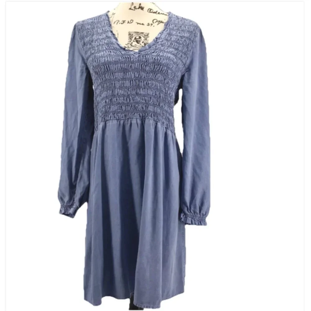 Bella Dahl Tencel-Lyocell Blue V Neck Long Sleeve Smocked Mini Dress Size Large - Picture 2 of 14